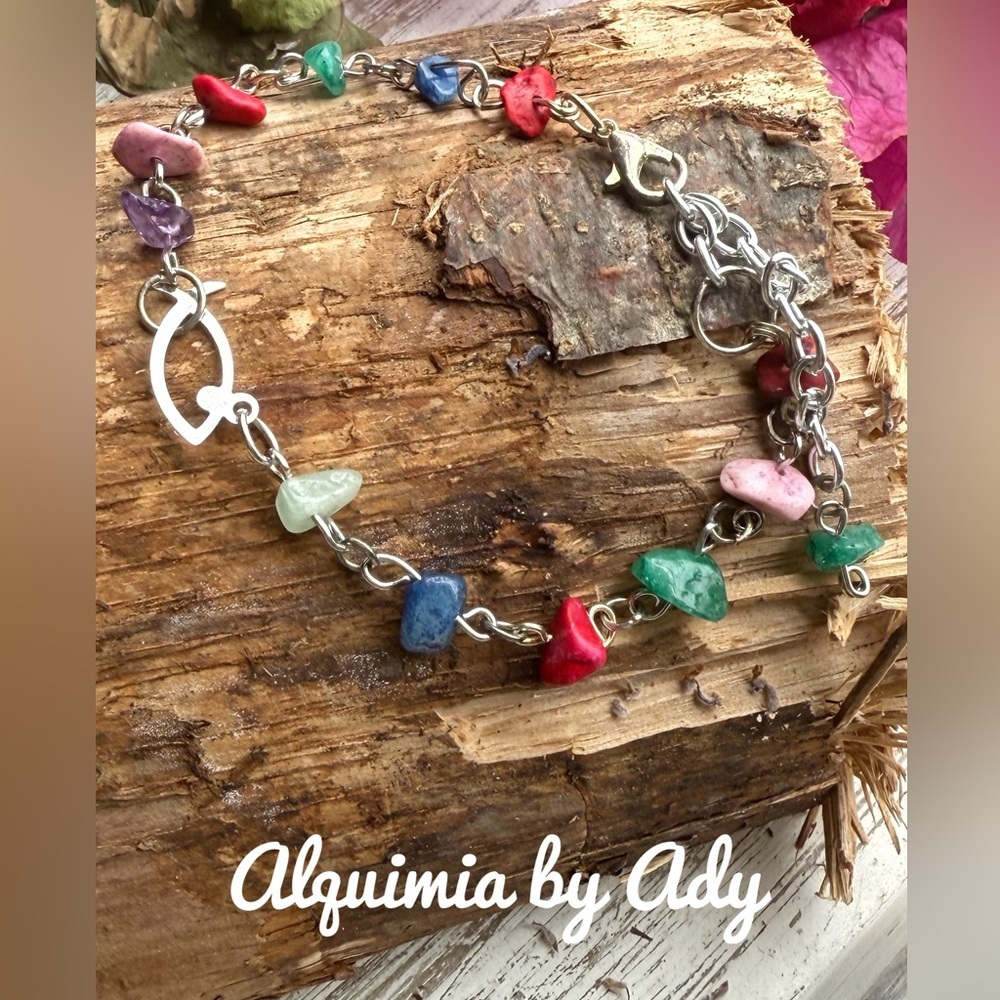 Rainbow multi gemstone beaded bracelet handmade fish charm